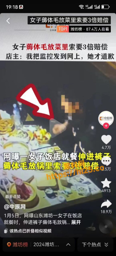 山东潍坊一女子饭店就餐手拔逼毛放锅里后问老板索要三倍赔偿！老板曝光监控录像将其扒出真实信息！