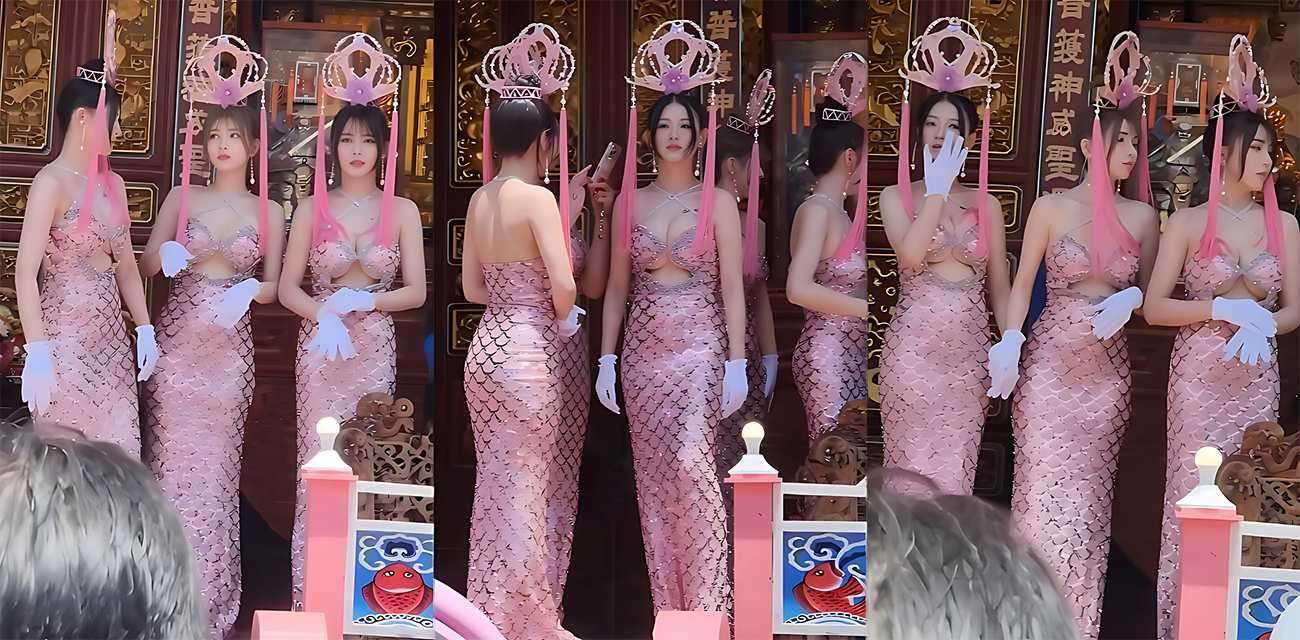 台湾庙会礼生福利大合集 低胸鱼鳞裙华丽头冠神前热舞 艺阁车比基尼直接拉满!