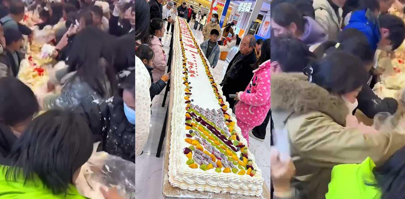 河南大饥荒复刻抢食名场面 城市中心广场哄抢蛋糕 大家是没吃过蛋糕吗?