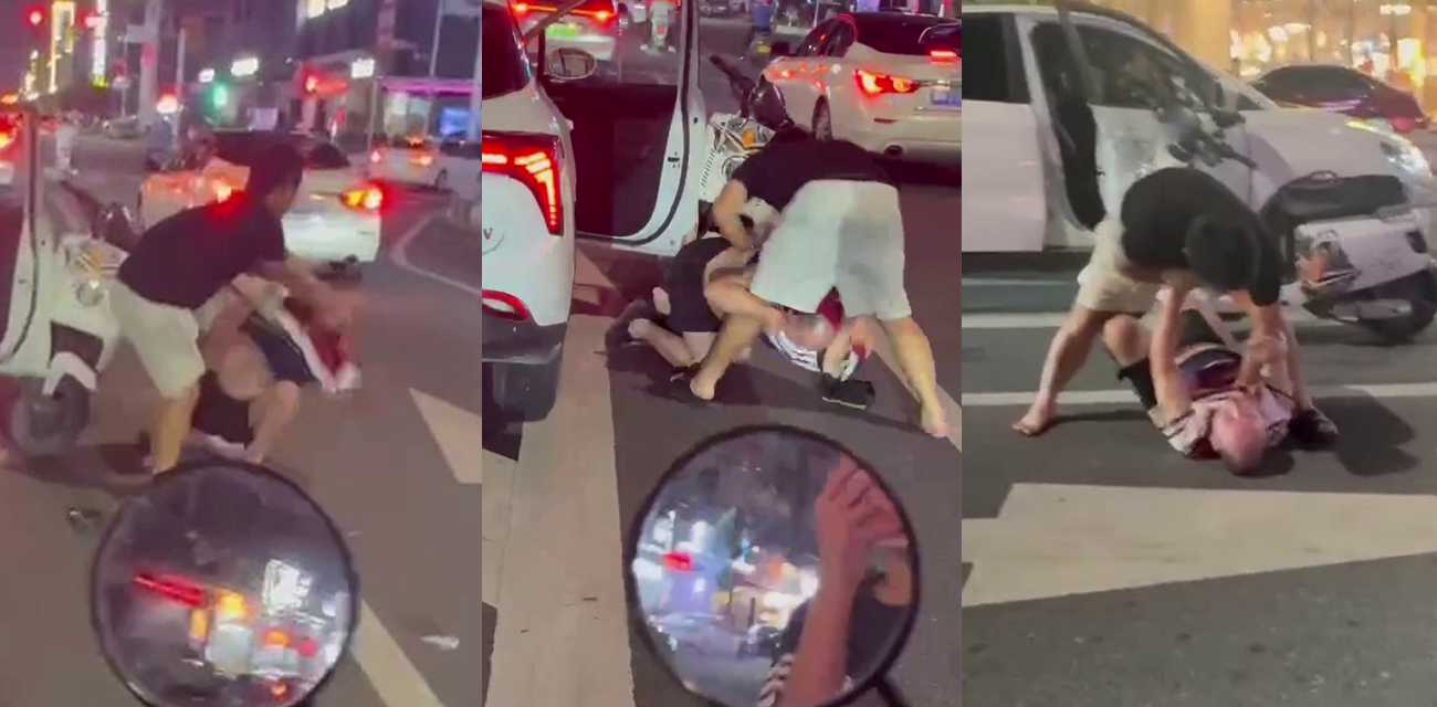 路怒大哥电动车逆行掉头 白车司机直接把她按地摩擦 现场别提多刺激了!