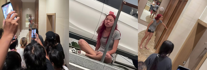 温州瑞安吾悦广场 红发女子 胡伊洋 持棍踢门喷灭火器 疑似欠债跑路被全网围观