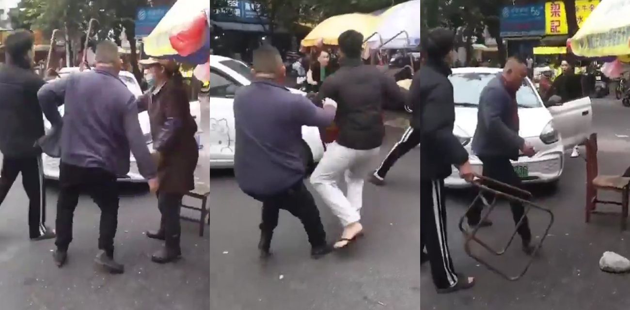 广西鑫宏东海蔬菜批发市场惊魂 男子手持大砍刀当街冲突被多人疯狂追赶围堵 椅子乱飞车辆被砸