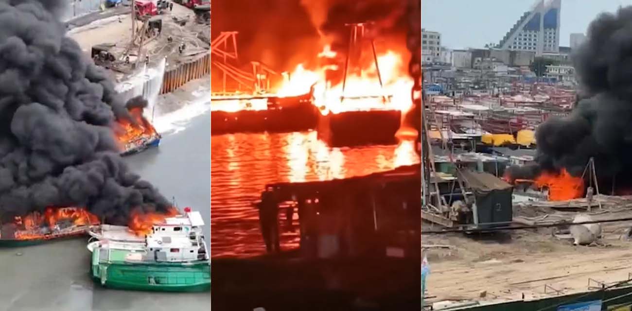 广西北海市银海区侨港镇边贸码头火灾事件曝光 多艘渔船突发火灾 爆炸声震撼全场现场一片火海