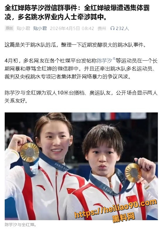 全红婵 陈芋汐 微信群事件曝光 全红婵被爆遭遇集体霸凌 多名跳水界业内人士牵涉其中
