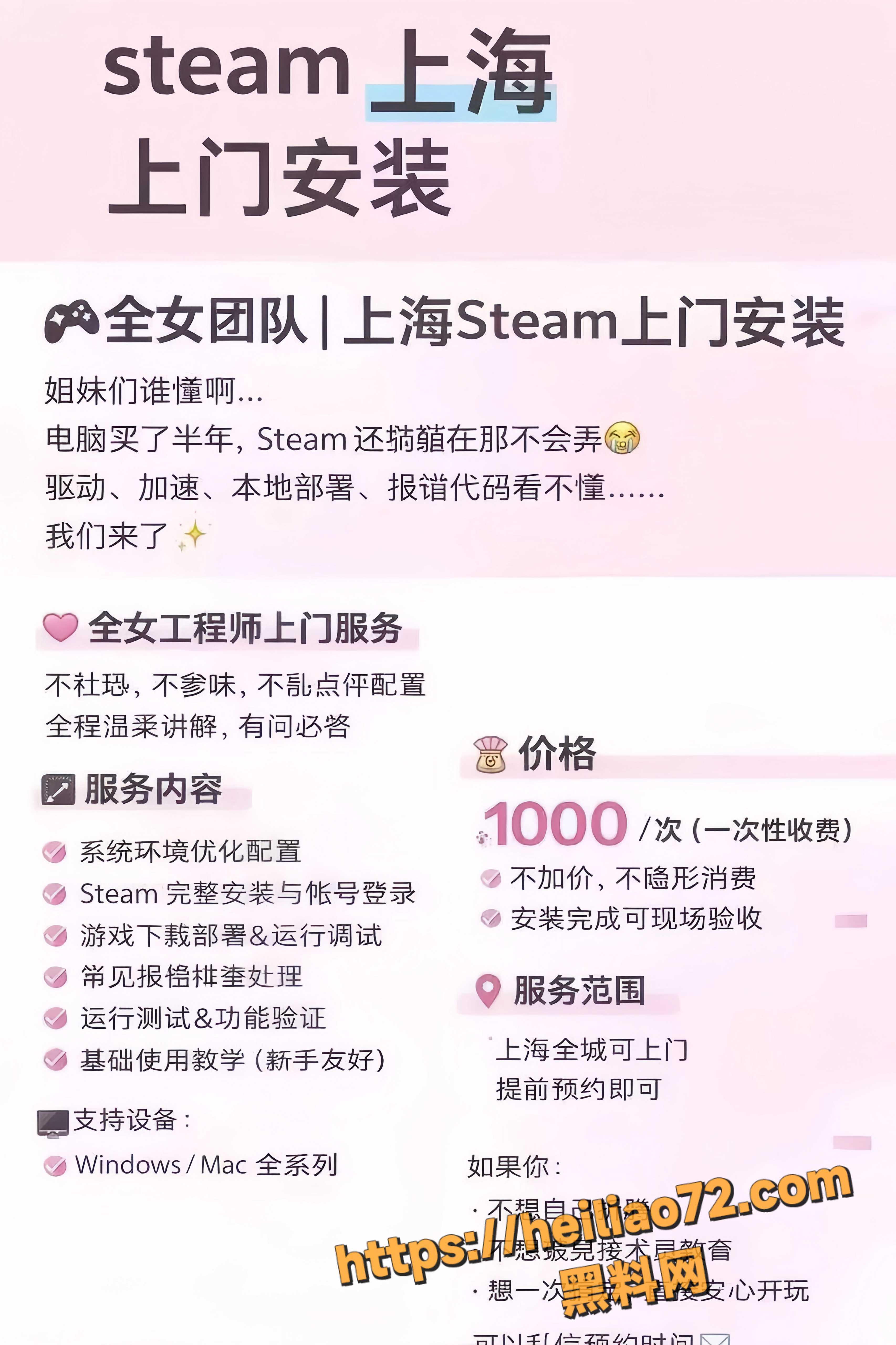 上海全女团队Steam上门安装 1000一次陪玩PC游戏 清理QQ内存超爽体验