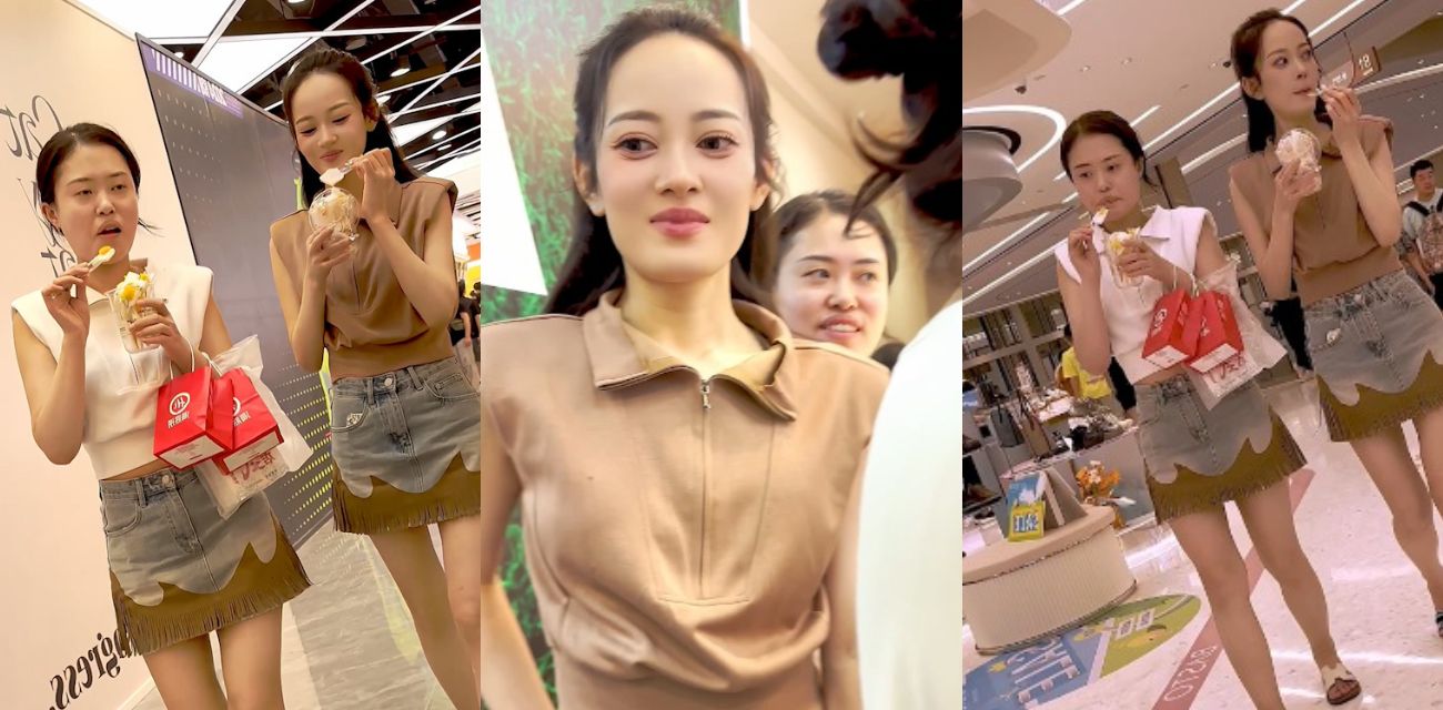 KFC街拍抄底一箭双雕 少妇闺蜜同款牛仔流苏裙 骚窄白虎内裤快兜不住了!